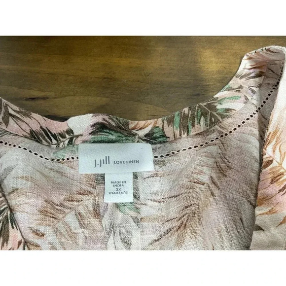 J Jill Love Linen Blouse Womens Top 2XL Pink Green Tropical 3/4 Flutter Sleeve - Picture 3 of 9